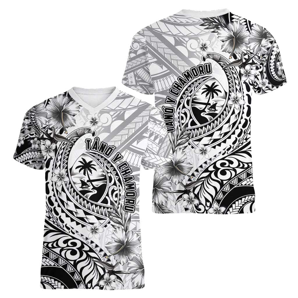 Guam-Land of the Chamorro Women V-Neck T-Shirt Polynesian Tattoo Style Hibiscus and Plumeria Art