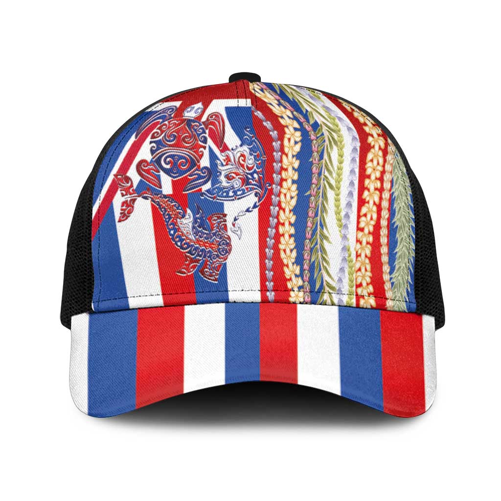 Hawaiian Sea Animals Baseball Net Cap with Lei and Flag Style LT03 One Size Black Multicolor - Polynesian Pride