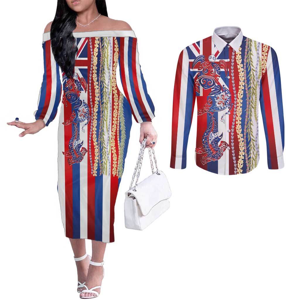 Hawaiian Sea Animals Couples Matching Off The Shoulder Long Sleeve Dress and Long Sleeve Button Shirt with Lei and Flag Style LT03 Multicolor - Polynesian Pride