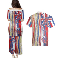 Hawaiian Sea Animals Couples Matching Puletasi and Hawaiian Shirt with Lei and Flag Style