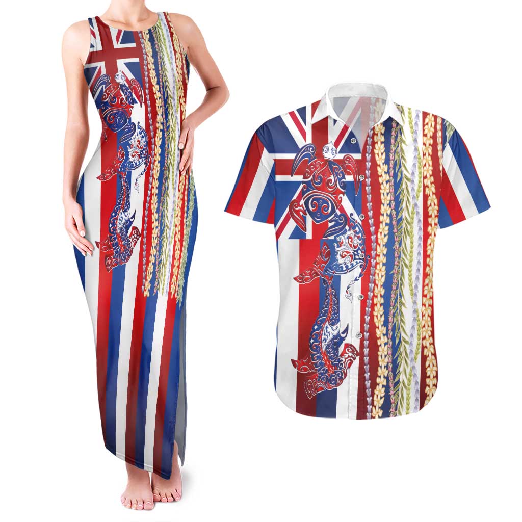 Hawaiian Sea Animals Couples Matching Tank Maxi Dress and Hawaiian Shirt with Lei and Flag Style