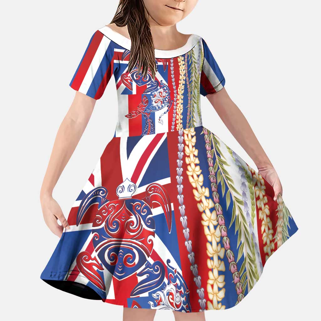 Hawaiian Sea Animals Family Matching Puletasi and Hawaiian Shirt with Lei and Flag Style LT03 Daughter's Dress Multicolor - Polynesian Pride