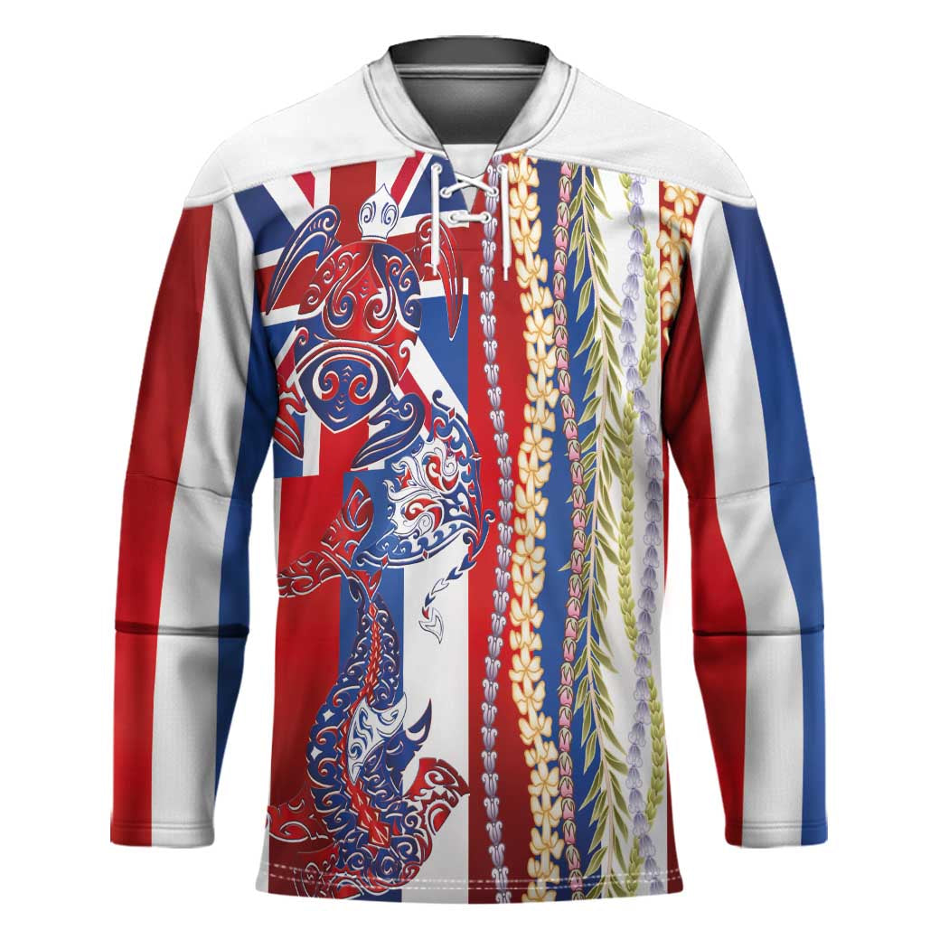 Hawaiian Sea Animals Hockey Jersey with Lei and Flag Style