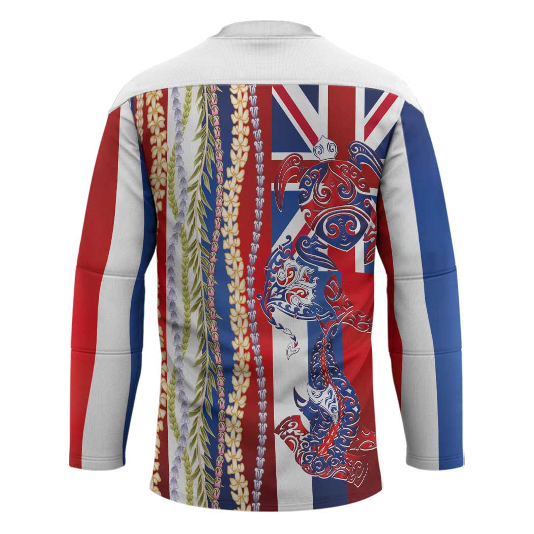 Hawaiian Sea Animals Hockey Jersey with Lei and Flag Style