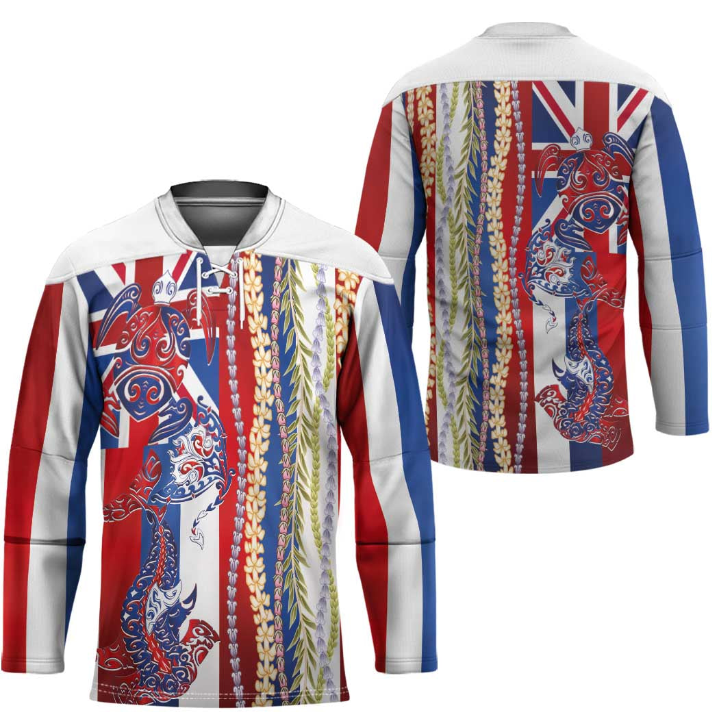 Hawaiian Sea Animals Hockey Jersey with Lei and Flag Style