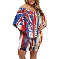 Hawaiian Sea Animals Off Shoulder Short Dress with Lei and Flag Style LT03 Women Multicolor - Polynesian Pride