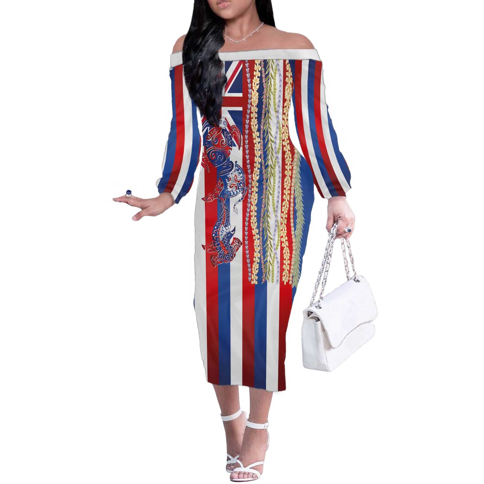 Hawaiian Sea Animals Off The Shoulder Long Sleeve Dress with Lei and Flag Style