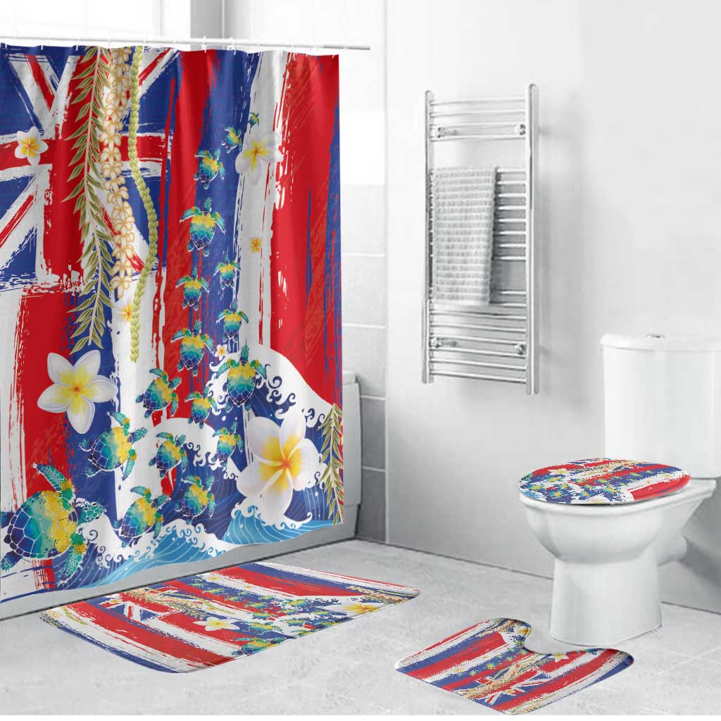 Hawaiian Sea Turtles and Plumeria Bathroom Set with Lei and Flag Grunge Style
