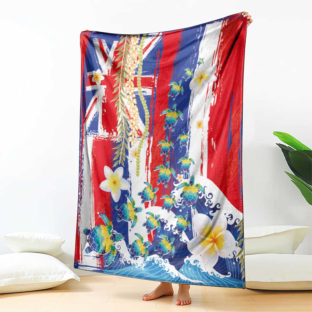 Hawaiian Sea Turtles and Plumeria Blanket with Lei and Flag Grunge Style LT03 - Polynesian Pride