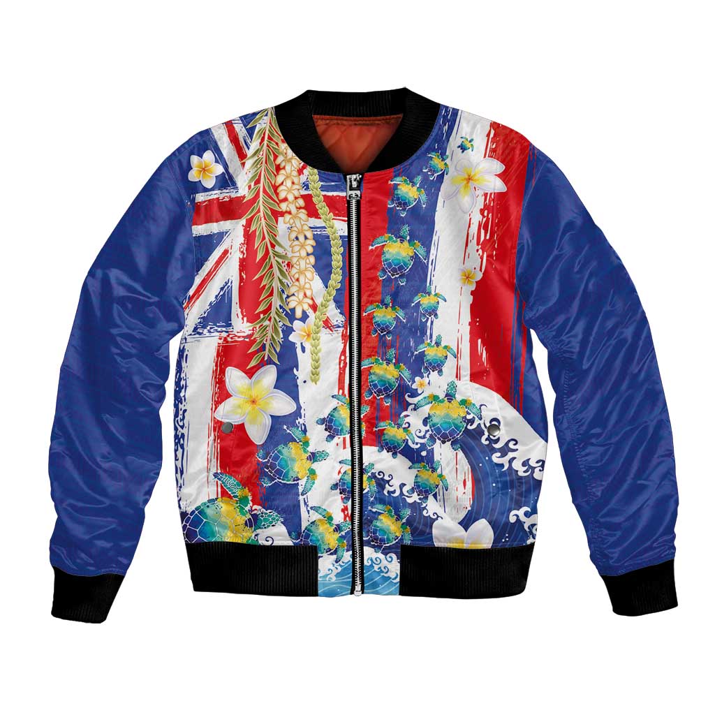 Hawaiian Sea Turtles and Plumeria Bomber Jacket with Lei and Flag Grunge Style LT03 Unisex Multicolor - Polynesian Pride