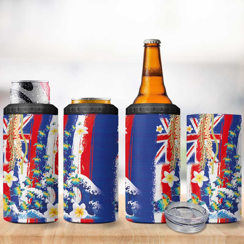 Hawaiian Sea Turtles and Plumeria 4 in 1 Can Cooler Tumbler with Lei and Flag Grunge Style