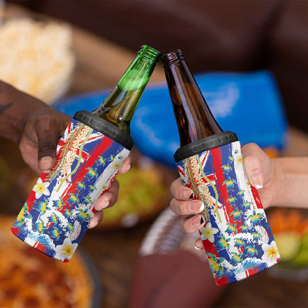 Hawaiian Sea Turtles and Plumeria 4 in 1 Can Cooler Tumbler with Lei and Flag Grunge Style