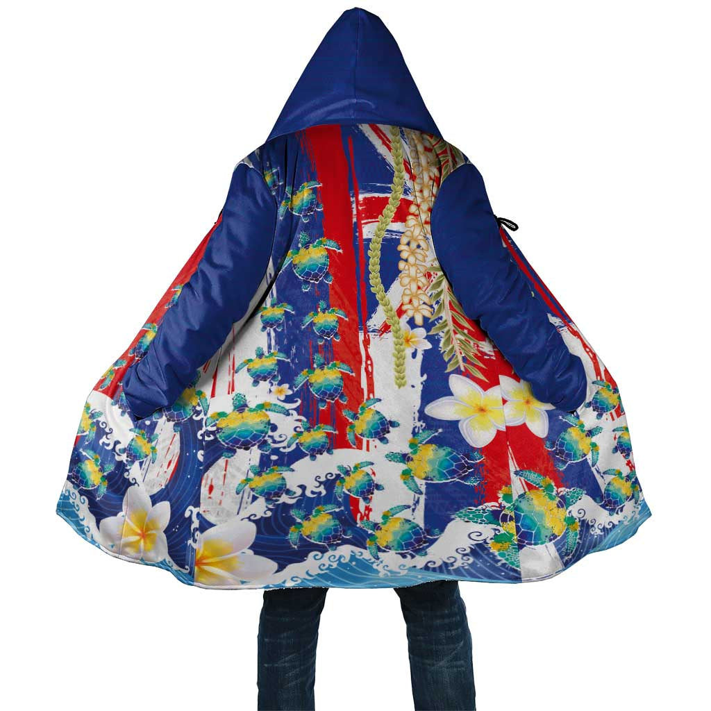 Hawaiian Sea Turtles and Plumeria Cloak with Lei and Flag Grunge Style