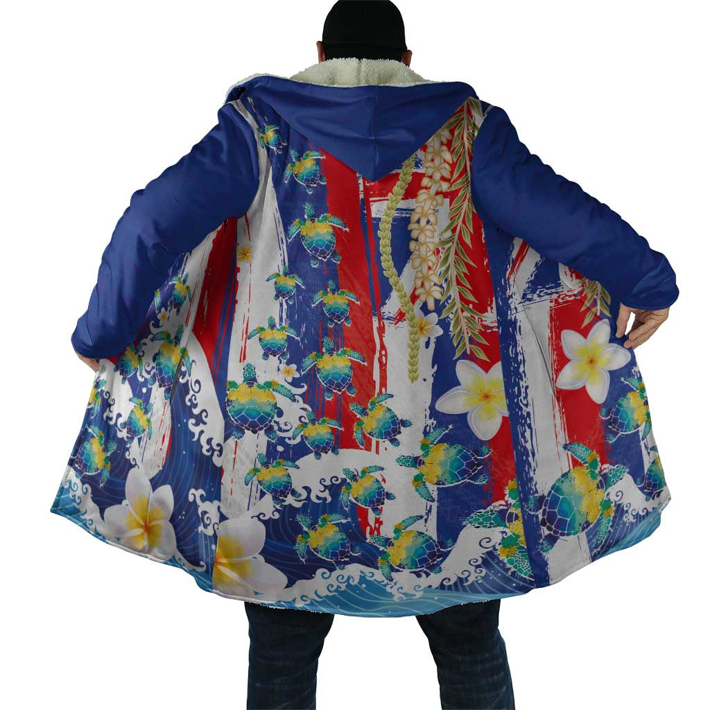 Hawaiian Sea Turtles and Plumeria Cloak with Lei and Flag Grunge Style