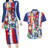 Hawaiian Sea Turtles and Plumeria Couples Matching Long Sleeve Bodycon Dress and Hawaiian Shirt with Lei and Flag Grunge Style