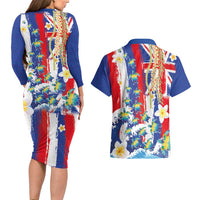 Hawaiian Sea Turtles and Plumeria Couples Matching Long Sleeve Bodycon Dress and Hawaiian Shirt with Lei and Flag Grunge Style