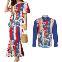 Hawaiian Sea Turtles and Plumeria Couples Matching Mermaid Dress and Long Sleeve Button Shirt with Lei and Flag Grunge Style