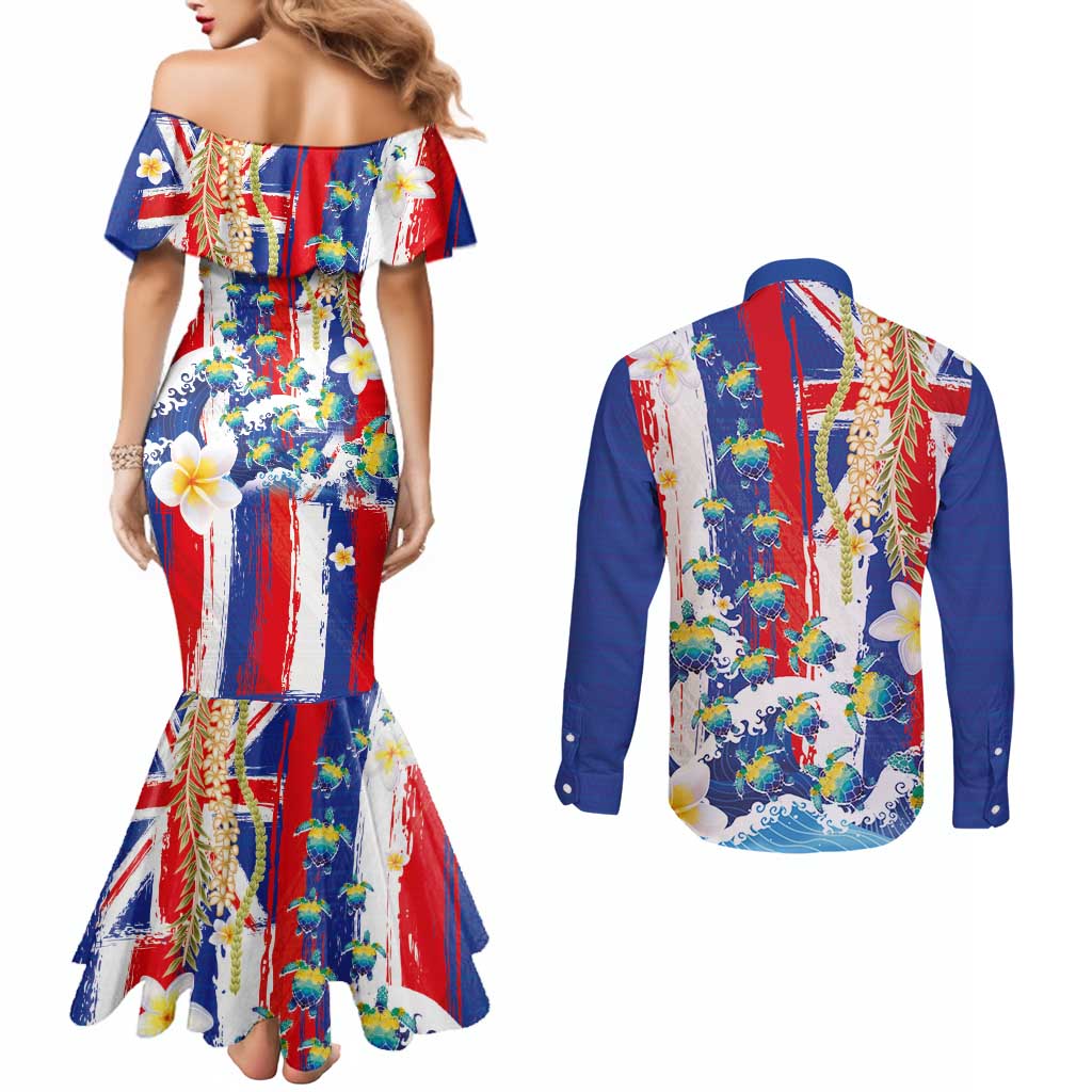Hawaiian Sea Turtles and Plumeria Couples Matching Mermaid Dress and Long Sleeve Button Shirt with Lei and Flag Grunge Style