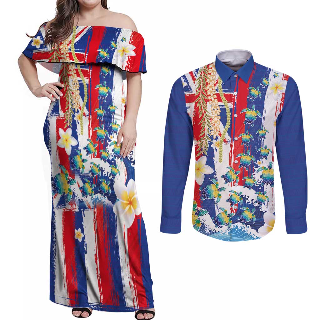 Hawaiian Sea Turtles and Plumeria Couples Matching Off Shoulder Maxi Dress and Long Sleeve Button Shirt with Lei and Flag Grunge Style LT03 Multicolor - Polynesian Pride