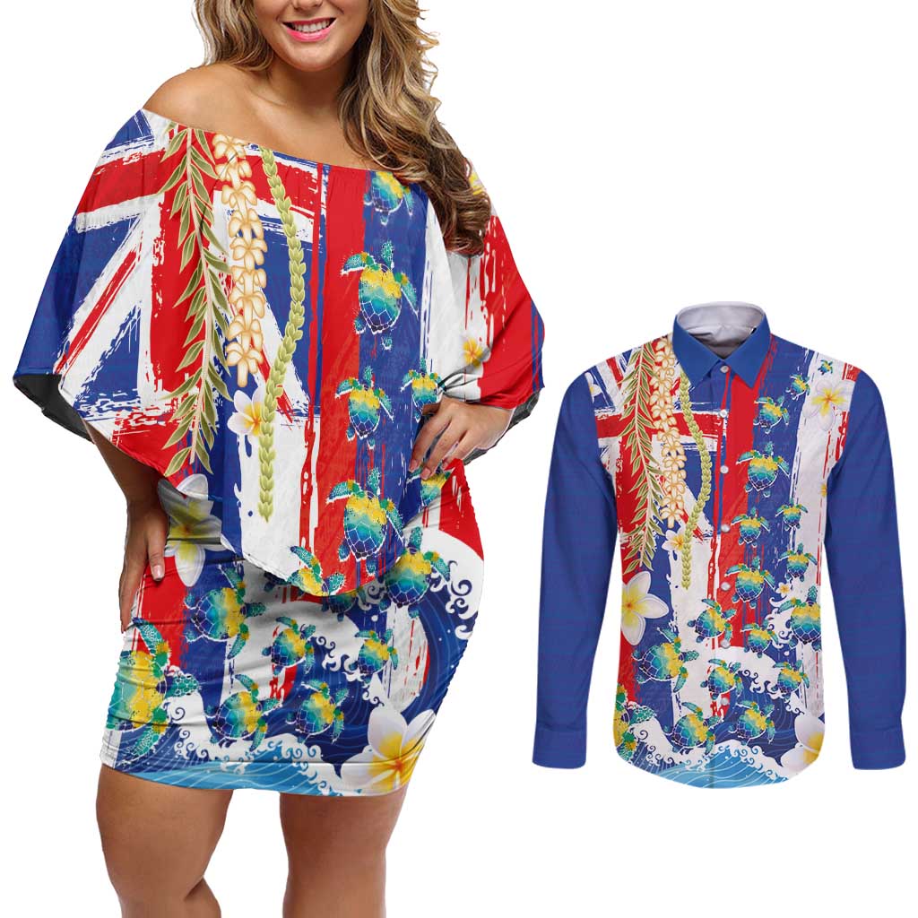 Hawaiian Sea Turtles and Plumeria Couples Matching Off Shoulder Short Dress and Long Sleeve Button Shirt with Lei and Flag Grunge Style