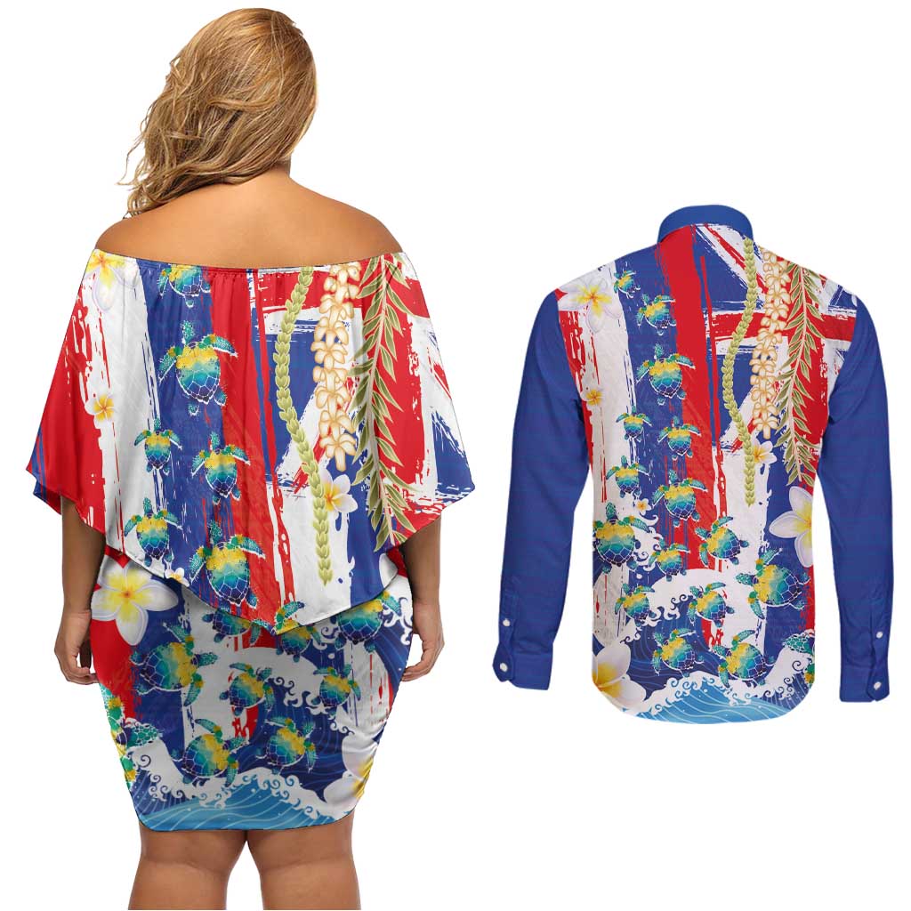 Hawaiian Sea Turtles and Plumeria Couples Matching Off Shoulder Short Dress and Long Sleeve Button Shirt with Lei and Flag Grunge Style