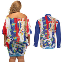 Hawaiian Sea Turtles and Plumeria Couples Matching Off Shoulder Short Dress and Long Sleeve Button Shirt with Lei and Flag Grunge Style