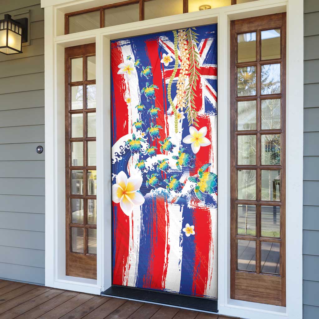 Hawaiian Sea Turtles and Plumeria Door Cover with Lei and Flag Grunge Style