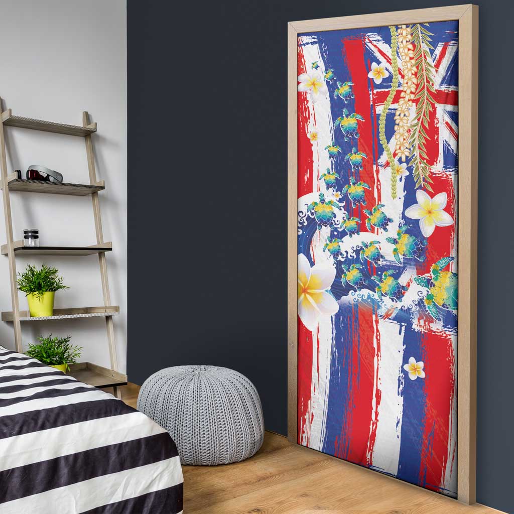 Hawaiian Sea Turtles and Plumeria Door Cover with Lei and Flag Grunge Style