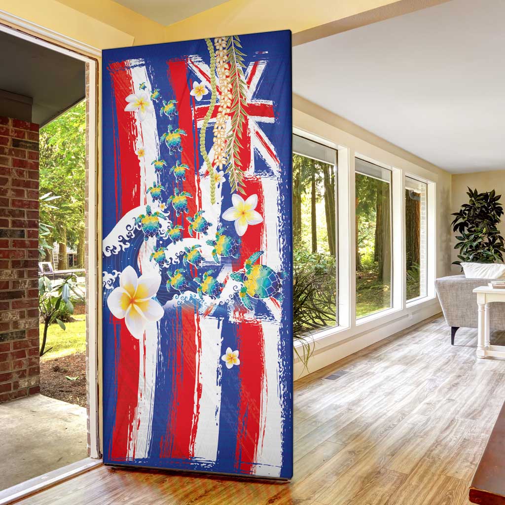 Hawaiian Sea Turtles and Plumeria Door Cover with Lei and Flag Grunge Style
