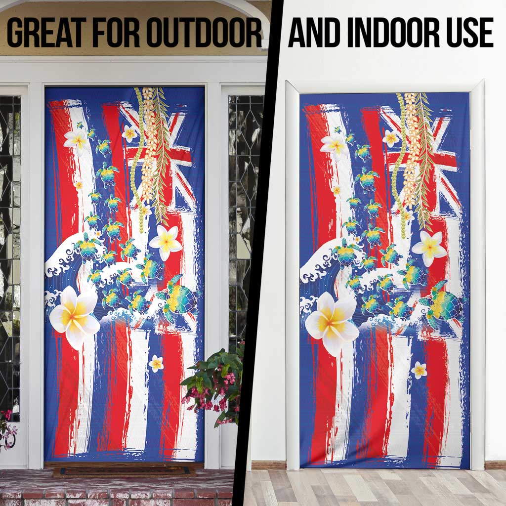 Hawaiian Sea Turtles and Plumeria Door Cover with Lei and Flag Grunge Style