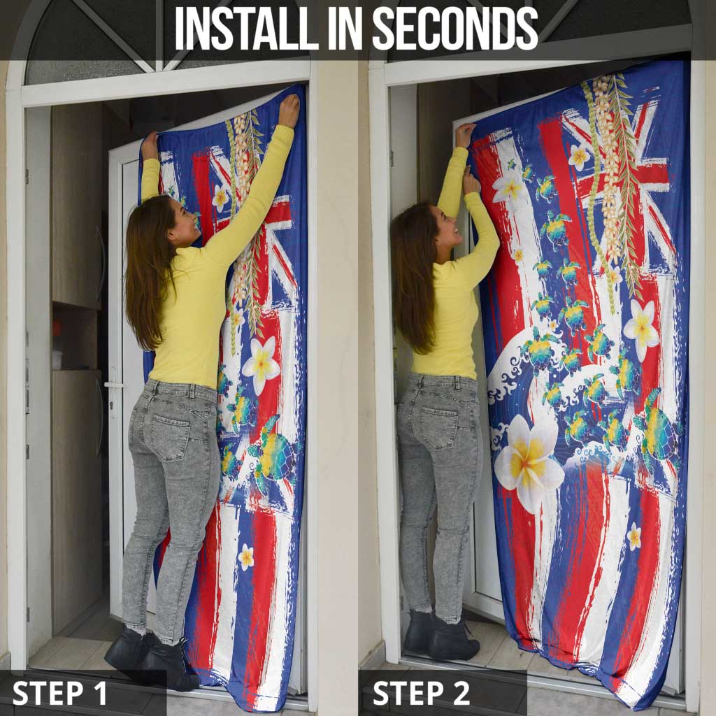 Hawaiian Sea Turtles and Plumeria Door Cover with Lei and Flag Grunge Style