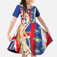 Hawaiian Sea Turtles and Plumeria Family Matching Mermaid Dress and Hawaiian Shirt with Lei and Flag Grunge Style LT03 Daughter's Dress Multicolor - Polynesian Pride