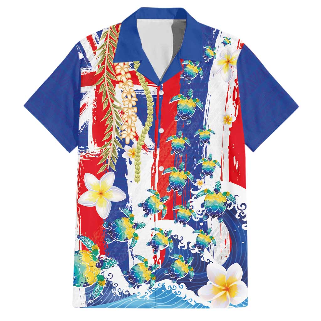 Hawaiian Sea Turtles and Plumeria Family Matching Mermaid Dress and Hawaiian Shirt with Lei and Flag Grunge Style LT03 Dad's Shirt - Short Sleeve Multicolor - Polynesian Pride