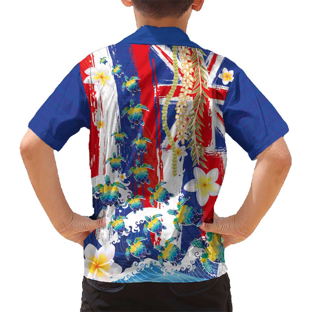 Hawaiian Sea Turtles and Plumeria Family Matching Off The Shoulder Long Sleeve Dress and Hawaiian Shirt with Lei and Flag Grunge Style LT03 - Polynesian Pride