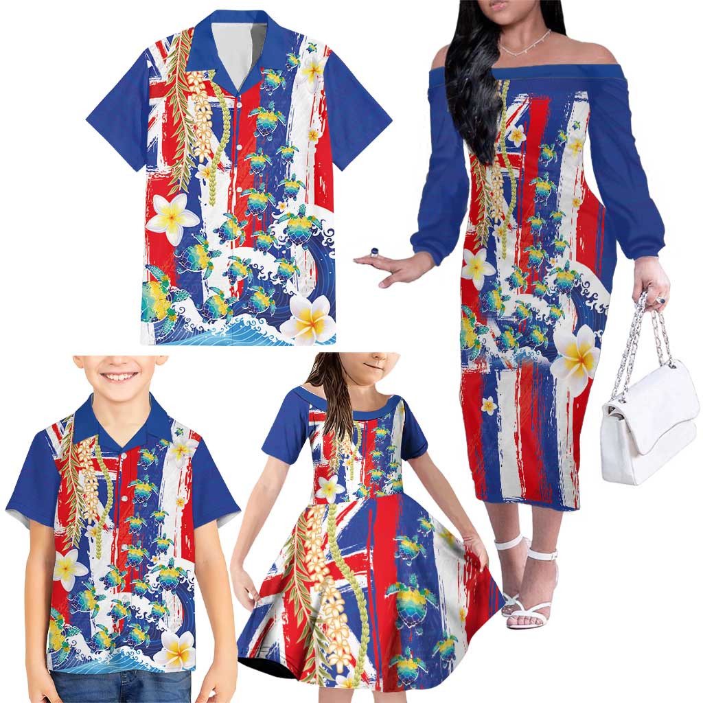 Hawaiian Sea Turtles and Plumeria Family Matching Off The Shoulder Long Sleeve Dress and Hawaiian Shirt with Lei and Flag Grunge Style LT03 - Polynesian Pride