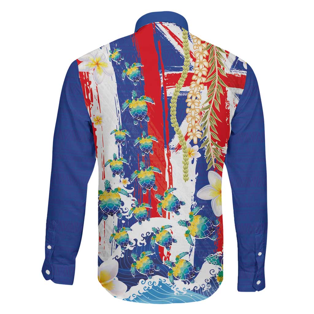 Hawaiian Sea Turtles and Plumeria Family Matching Off The Shoulder Long Sleeve Dress and Hawaiian Shirt with Lei and Flag Grunge Style LT03 - Polynesian Pride