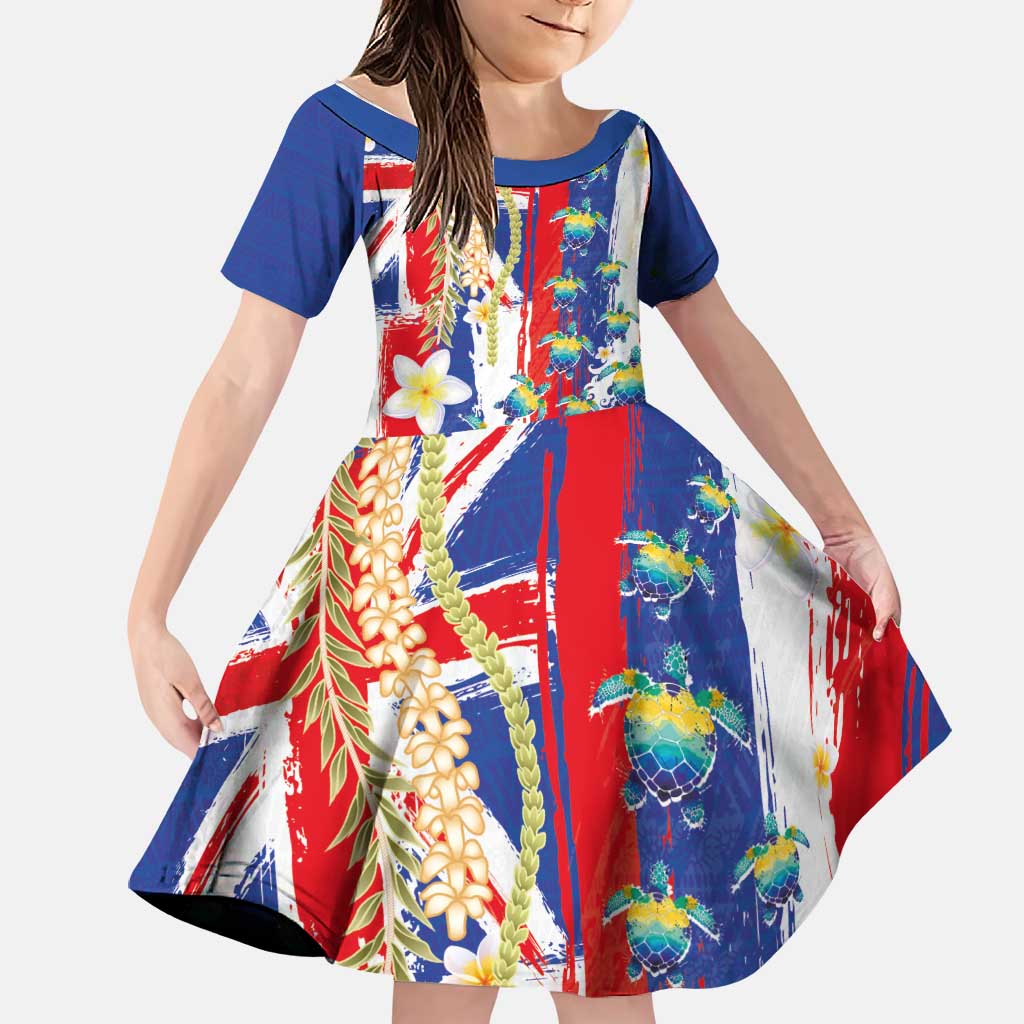 Hawaiian Sea Turtles and Plumeria Family Matching Off Shoulder Short Dress and Hawaiian Shirt with Lei and Flag Grunge Style LT03 Daughter's Dress Multicolor - Polynesian Pride