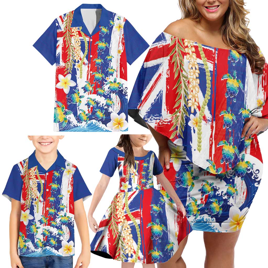 Hawaiian Sea Turtles and Plumeria Family Matching Off Shoulder Short Dress and Hawaiian Shirt with Lei and Flag Grunge Style LT03 - Polynesian Pride