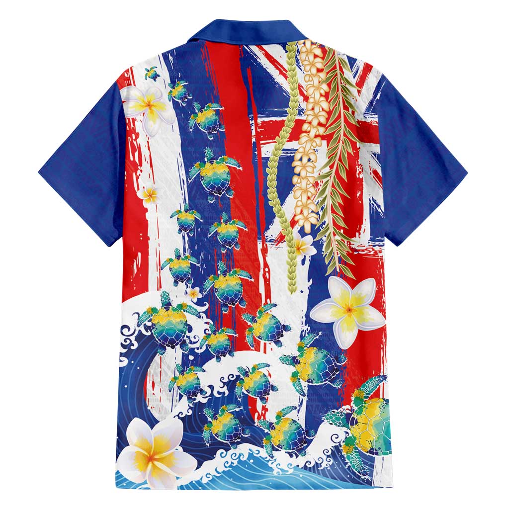 Hawaiian Sea Turtles and Plumeria Family Matching Off Shoulder Short Dress and Hawaiian Shirt with Lei and Flag Grunge Style LT03 - Polynesian Pride