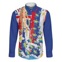 Hawaiian Sea Turtles and Plumeria Family Matching Short Sleeve Bodycon Dress and Hawaiian Shirt with Lei and Flag Grunge Style LT03 Dad's Shirt - Long Sleeve Multicolor - Polynesian Pride