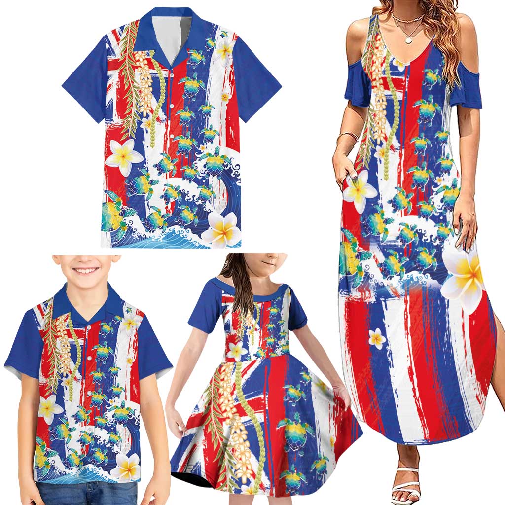 Hawaiian Sea Turtles and Plumeria Family Matching Summer Maxi Dress and Hawaiian Shirt with Lei and Flag Grunge Style LT03 - Polynesian Pride