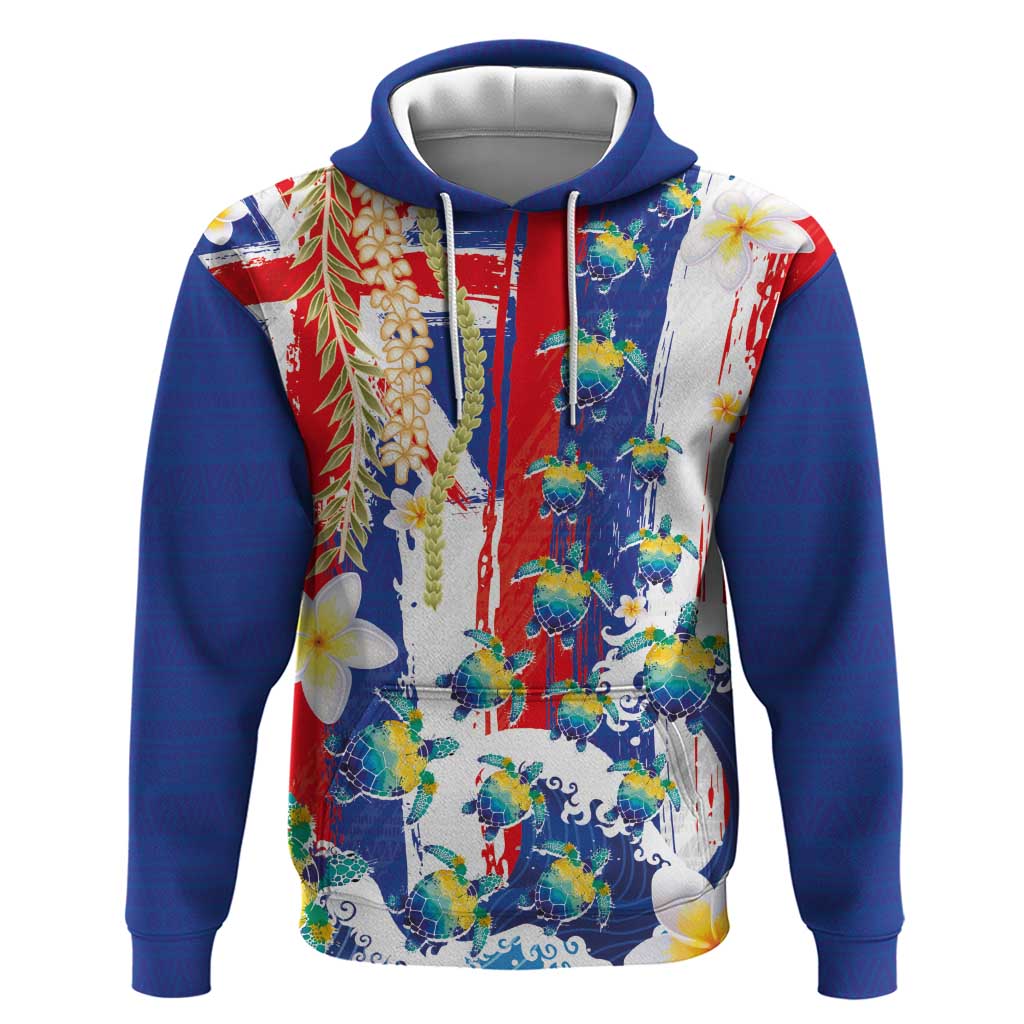 Hawaiian Sea Turtles and Plumeria Hoodie with Lei and Flag Grunge Style LT03 Pullover Hoodie Multicolor - Polynesian Pride