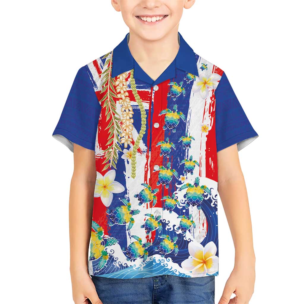 Hawaiian Sea Turtles and Plumeria Kid Hawaiian Shirt with Lei and Flag Grunge Style LT03 Kid Multicolor - Polynesian Pride