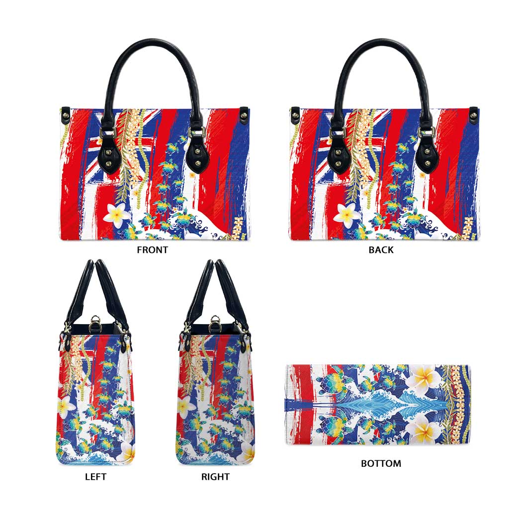 Hawaiian Sea Turtles and Plumeria Leather Bag with Lei and Flag Grunge Style