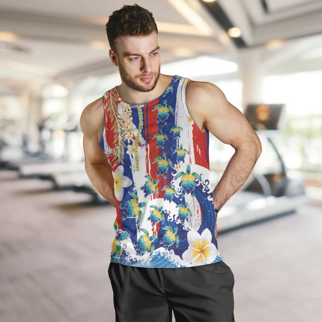 Hawaiian Sea Turtles and Plumeria Men Tank Top with Lei and Flag Grunge Style