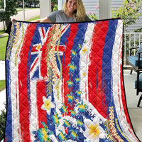 Hawaiian Sea Turtles and Plumeria Quilt with Lei and Flag Grunge Style