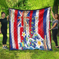 Hawaiian Sea Turtles and Plumeria Quilt with Lei and Flag Grunge Style