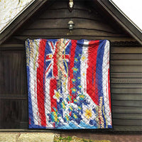 Hawaiian Sea Turtles and Plumeria Quilt with Lei and Flag Grunge Style