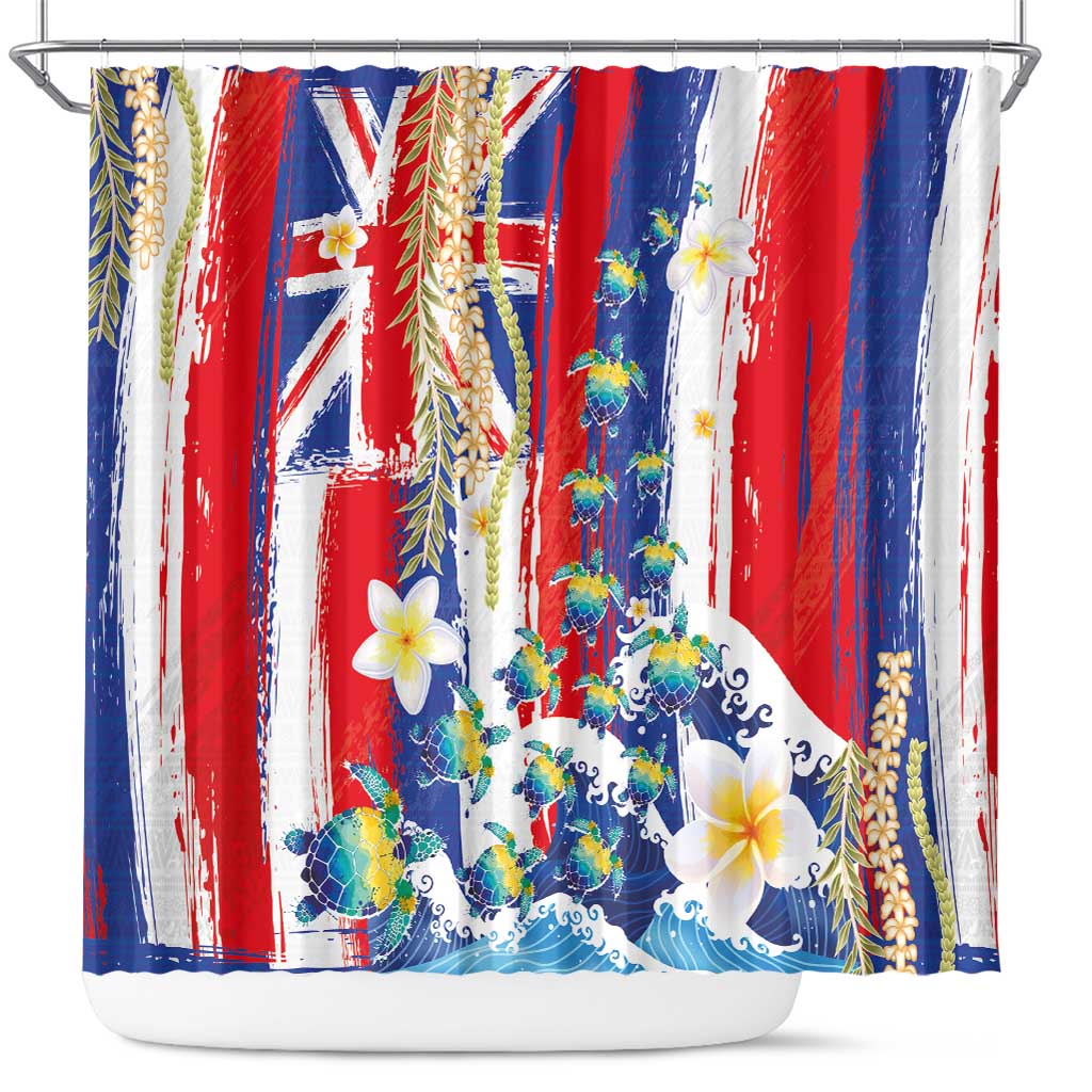 Hawaiian Sea Turtles and Plumeria Shower Curtain with Lei and Flag Grunge Style