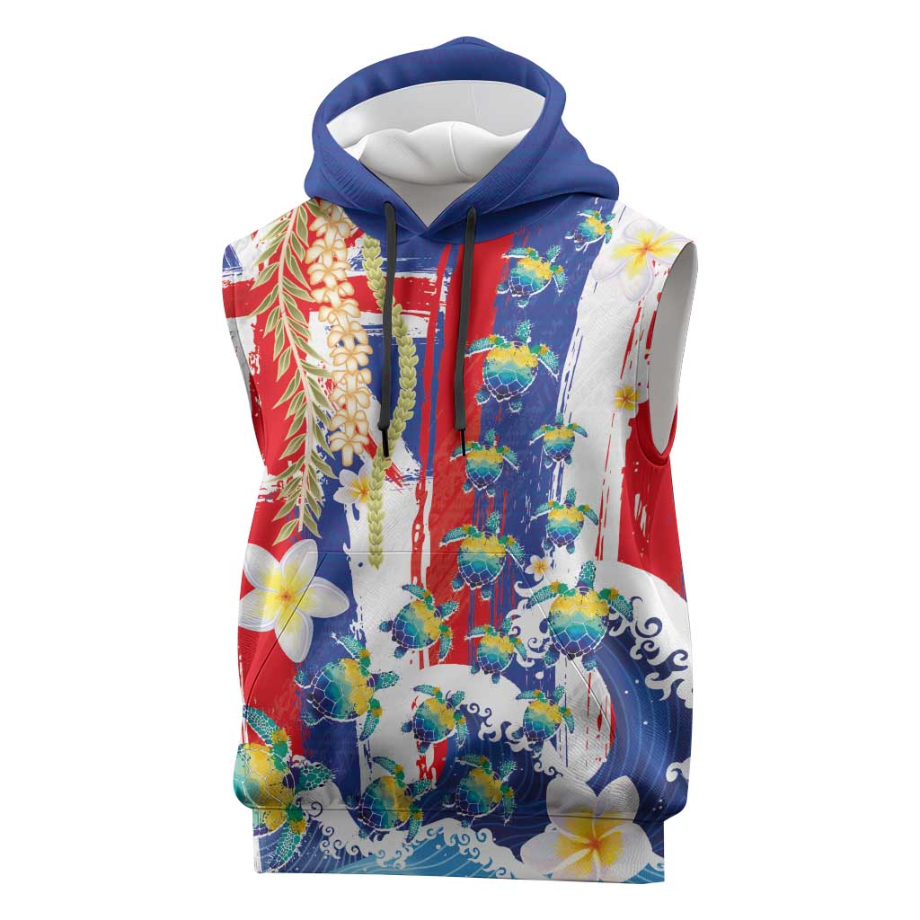 Hawaiian Sea Turtles and Plumeria Sleeveless Hoodie with Lei and Flag Grunge Style